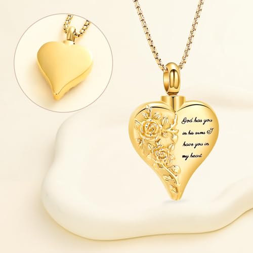 Oinsi Heart Urn Necklace Cremation Jewelry for Ashes Rose Flower Love Heart Ashes Keepsake for Women Men Pendant Memorial Locket Ash Holder Gold