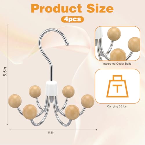 4-Pack 360° Swivel Hoodie Hanger with 6 Natural Wood Balls, Multi-Hook Closet Organizer for Sweatshirts, Purses, Hats, Bras & Accessories Storage