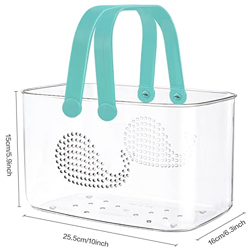 Two FODIENS plastic shower caddy baskets in white and cyan, designed for bathroom storage and organization.