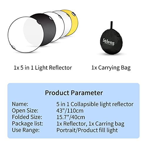Selens 43 in 5 in 1 Photography Reflector, Collapsible Light Reflector 43 Inch