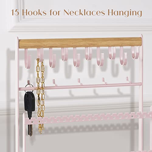 ProCase Jewelry Organizer Stand Necklace Organizer Earring Holder, 6 Tier Jewelry Stand Necklace Holder with 15 Hooks, Jewelry Tower Display Rack Storage Tree for Bracelets Earrings Rings -Pink Pink