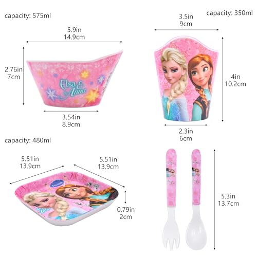 Princess 5-piece pink flatware set by SGPINC with dinner plates, bowls, cups, spoon, and fork for mealtime use.
