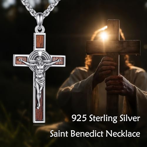St Benedict Wood Cross Necklace 925 Sterling Silver Crucifix Saint Benedict Pendant Wooden Cross Religious Jewellery for Women Men with 24" Round Box Chain