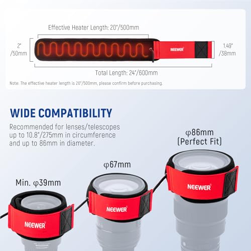 NEEWER 23.6"/600mm USB Lens Heater Warmer with 3 Temperature Settings, Dew Heater Strip Prevents Dew Fog Condensation for DSLR Mirrorless Camera Telescope Binocular Astrophotography, HW-23B 600mm