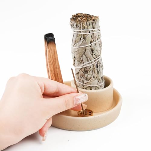 4 in 1 Incense Holder, Ceramic Incense Stick and Palo Santo Holder,Sage Holder for Burning- 4.25" Ceramic Ash Catcher Tray for Meditation and Yoga Room (Sand) Sand