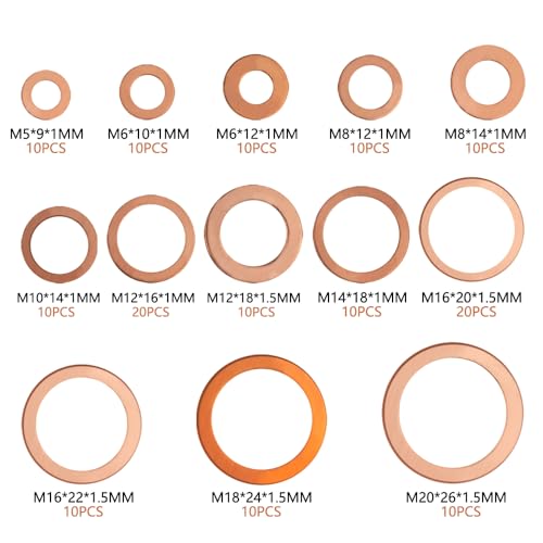 TOVOT copper flat washers assortment set, 150-piece crush washer kit in 8 sizes M5–M20