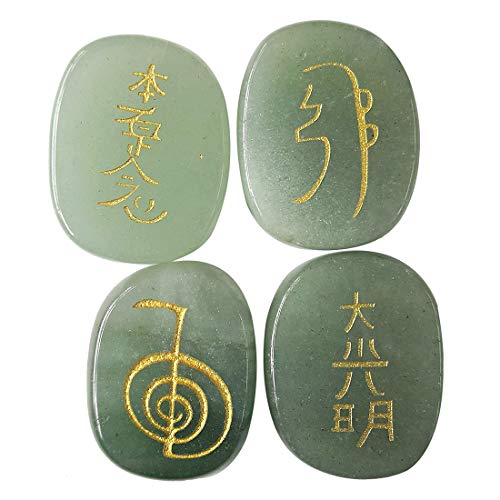 Green Aventurine Reiki Symbol Engraved Healing Crystal Stones Set of 4 | Gold Carved Chakra Palm Stones for Meditation Energy Gift, 25mm Green Aventurine