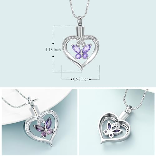Imrsanl Butterfly Heart Pendant Cremation Urn Necklace for Women Silver-Purple