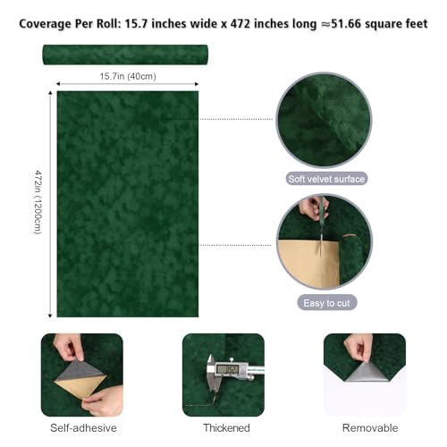 15.7"x472" Green Velvet Wallpaper Peel and Stick Soft Mottled Felt Drawer Liner Roll Self Adhesive Velvet Fabric Flocking Liner for Jewelry Drawer Dresser Shelf DIY Art & Crafts Displays 15.7"W x 472"L