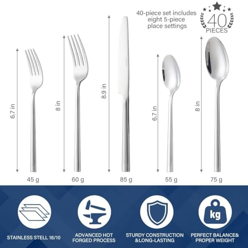 40-Piece Silverware Set for 8，Minimalist Flatware Set 18/10 Stainless Steel，Fine Cutlery Set with Forks, Knives, Spoons，Durable and Elegant Design Tableware，Dishwasher Safe 40