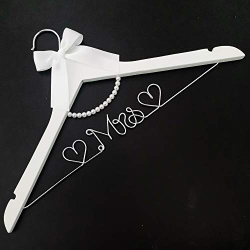 Bridal Dress Hanger Solid Wood Dress Hangers Mrs Letter Hanger Wedding Gift (Silver White Hangers and Pearls) Silver White Hangers and Pearls