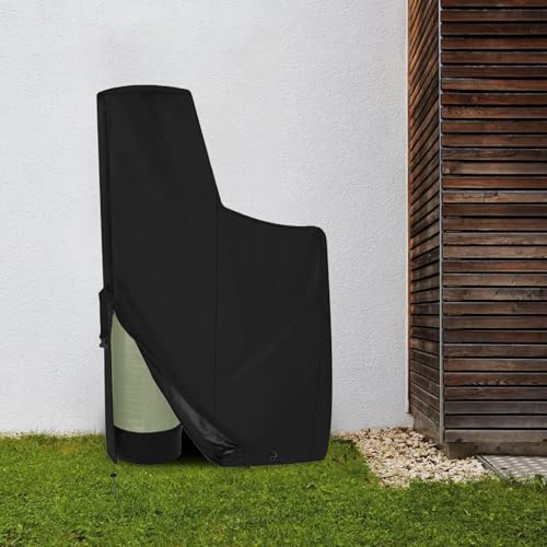 MUTUSHI black outdoor water softener cover with split zipper, drawstring, elastic buckle, and insulated waterproof design