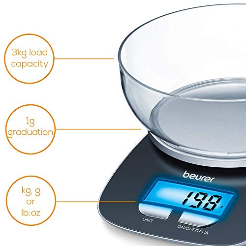 Beurer KS25 Digital Kitchen Scale | With 1.2l weighing bowl | Tare weighing function | Adjustable between kg, g, lb, oz | 3kg weight capacity, black A