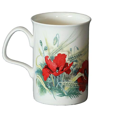 Roy Kirkham Lancaster Poppy Flower Mug - Red Poppy Flower Bud Poppies Chamomile Widfllowers, Ceramic Floral Coffee Mug Cup 11 oz
