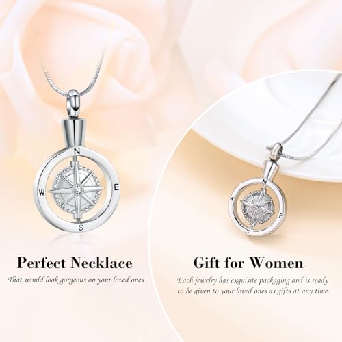 Minicremation Compass Cremation Jewelry for Ashes Funeral Ashes Pendant Locket Keepsake Urn Necklace for Women Men Silver