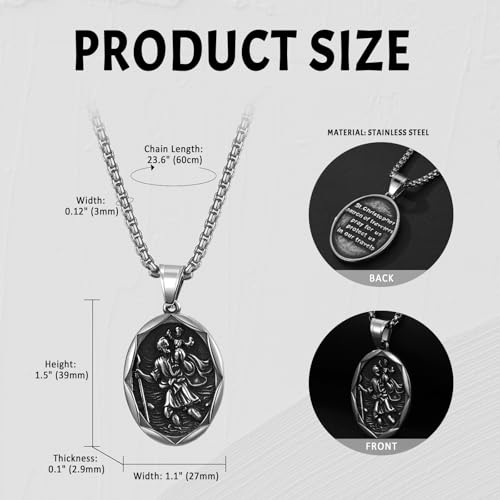 Oidea Saint Christopher Necklace: St Christopher Necklace for Men Women Stainless Steel Bless Safety Medal Pendant Religious Amulets Jewelry Gifts for Parent Family Friends silver