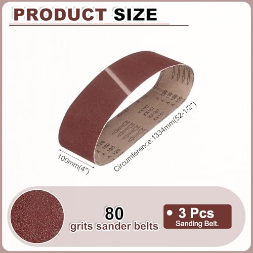 HARFINGTON 4 x 52 1/2 inch 80 grit aluminum oxide sanding belts for belt sanders, 3-piece set
