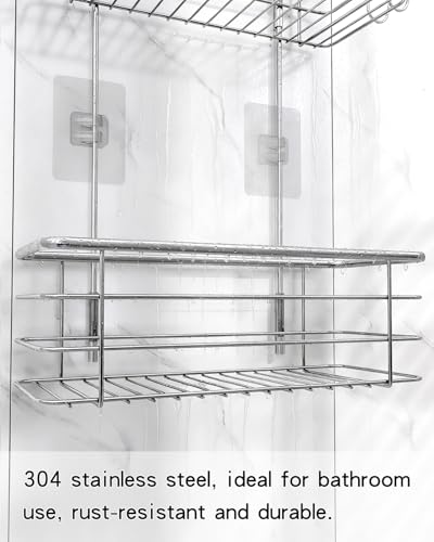 Hanging Shower Caddy, Stainless Steel, 2-Tier Bathroom Organizer Rack over Shower Head with 2 Hooks for Razor and Sponge