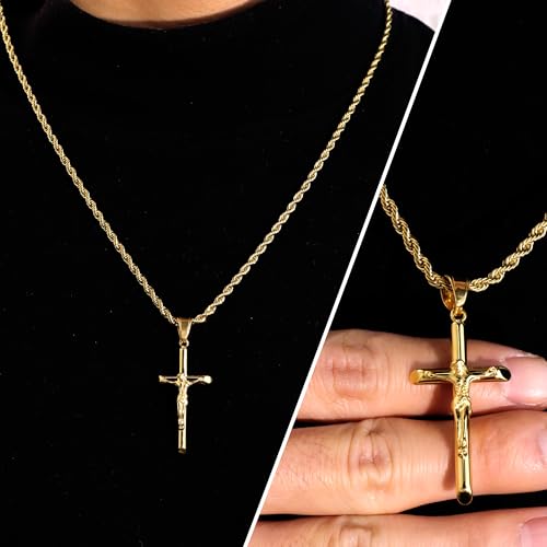 Cross Necklace Stainless Steel Gold/Silver Crucifix Necklace for Men Women A Plated 14k Gold 55+5cm
