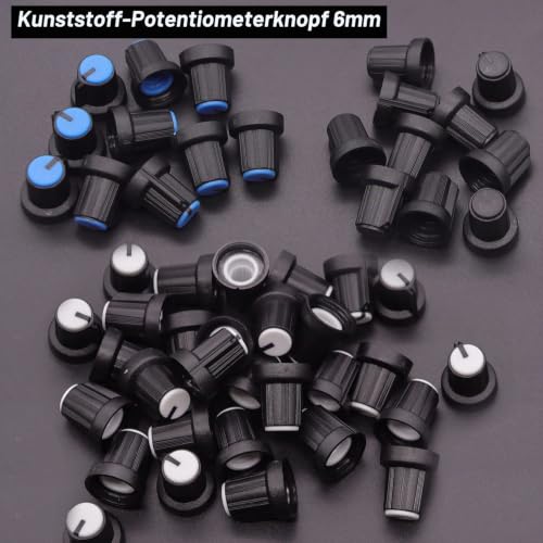Taiss 100 Pieces Potentiometer Kit B1K B5K 10K 20K 50K 100K 250K 500K 1M Ohm Linear Taper Rotary Potentiometer B Type Potentiometer with Nuts, Washers and 3 Different Colors of Aluminum Alloy Knob F048 100 Piece Potentiometer Kit