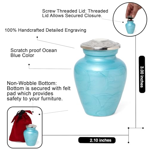 Ocean Blue Mini Urn for Human Funeral Remains | Serenity Funeral Ash Storage Box | Velvet Pouch | Paper Funnel | Beautifully Handcrafted Sacred Ash Containers Small Ocean Blue