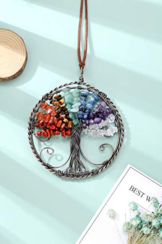 JSDDE 7 Chakra Reiki Healing Crystal Life Tree Hanging Ornament Wire Quartz Gemstone Wall Hanger Home Office Decoration Meditation Balancing 7 Chakra Crystal