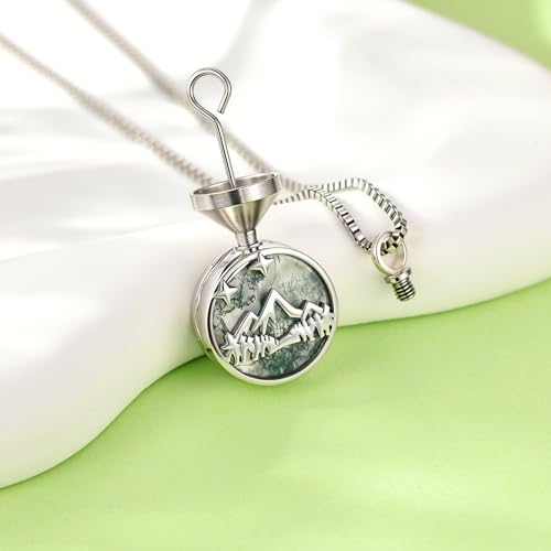 YAFEINI Mountain Urn Necklaces for Ashes 925 Sterling Silver Moss Agate Cremation Pendant Cremation Jewellery Gifts for Women Men