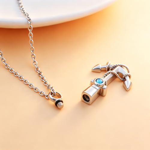 Anchor Urn Necklaces for Human Ashes Navy Cremation Jewelry Ocean Theme Memorial Keepsake Urn Pendant Necklace for Men Women Silver