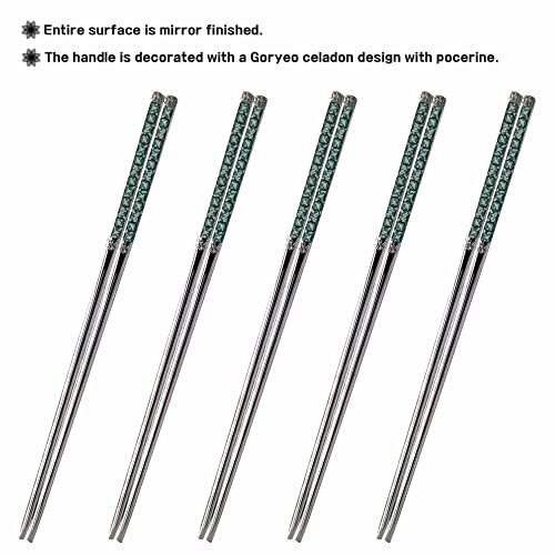 Chopsticks [Made in Korea][5 Sets] 430 Premium Stainless Steel Chopsticks, Mukbang Kitchen Utensil, Cutlery Silverware Stainless Tableware (Goryeo Celadon Blue) Goryeo Celadon Blue