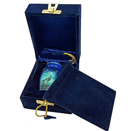 Keepsake Urn - Howling Wolf with Moon Keepsake Cremation Urn for Human Ashes - Blue Metal - 3 cu.in