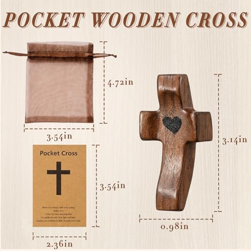 10 Set Wooden Cross Fidget Bulk with Cards Organza Bags Prayer Cross My Heart, Handheld Comfort Cross for Anxiety Relief, Small Pocket Crosses Christian Faith Gifts Baptism Favors, Religious Gifts 10 set