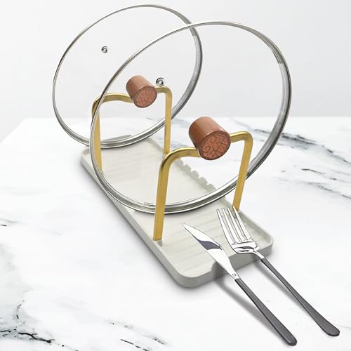Astra Design Spoon and Lid Holder with Drip Tray Heat-Resistant Aluminum Utensil Rest Kitchen Organizer White Base with Gold Handles Modern Counter Accessory & Gift Idea White and Gold