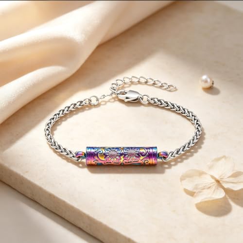 Oinsi Sunflower Urn Bracelet for Ashes Cylinder Bar Cremation Jewelry for Women Men Memorial Keepsake Urn Pendant Ashes Holder Bangle Colorful