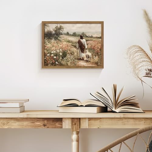 Framed Jesus And Lamb Wall Art Christian Pictures Wall Decor 8x10 Inch shepherd Framed 10"L x 8"W