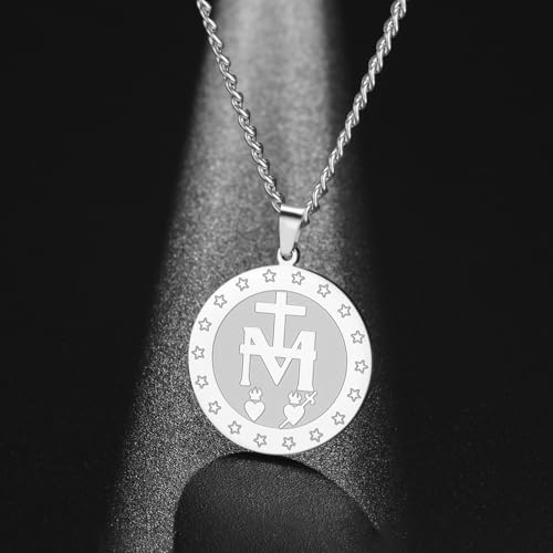 Virgin Mary Necklace Stainless Steel Medal Necklace Catholic Virgen de Guadalupe Pendant Christian Religious Jewelry for Women Men silver