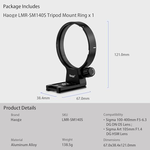 Haoge LMR-SM140S Lens Collar Replacement Foot Tripod Mount Ring Stand Base for Sigma 100-400mm F5-6.3 DG DN OS Lens Sony E Mount Art 105mm F1.4 DG HSM Built-in Arca Type Quick Release Plate