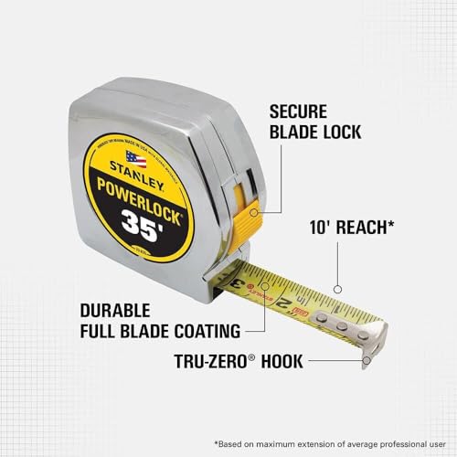 STANLEY PowerLock 35-foot tape measure, model 33-835, with yellow blade and black case