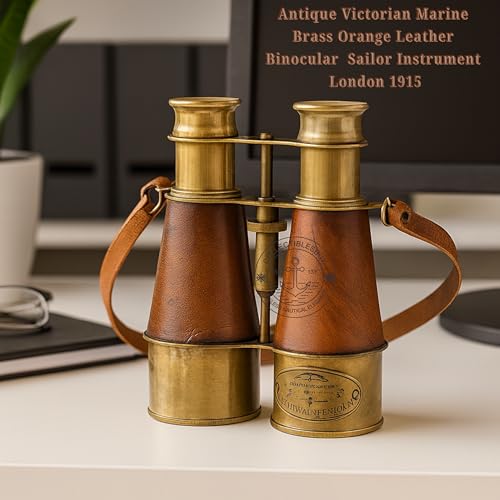Nautical Design Antique Victorian Marine Brass Leather Binocular Sailor Instrument London 1915 Orange for Home & Office Outdoor Camping