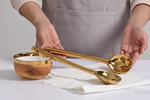Pampa Bay Wood Look Titanium-Plated Porcelain Salad Server Set, 10.5 Inch, Gold/White/Wood Look