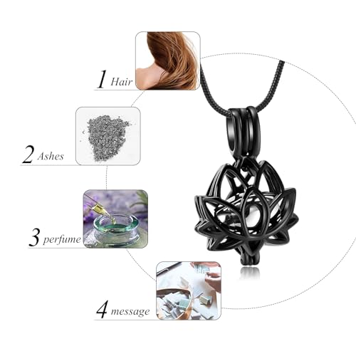 Cremation Jewelry for Ashes Pendant - Lotus Urn Necklace with Mini Keepsake Urn Memorial Ash Jewelry For Women Men Black-Silver