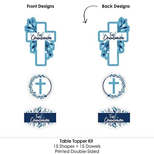 First Communion Blue Elegant Cross Centerpieces - Table Toppers - 15pc