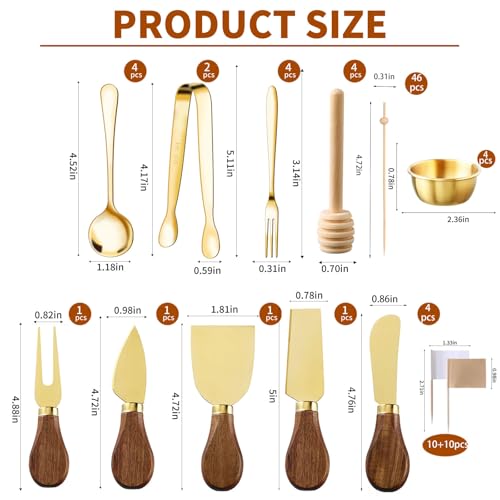 46Pcs Charcuterie Boards Accessories Small Serving Utensil Set Cheese Butter Spreader Knives Mini Stainless Steel Cutlery Tong Spoon Fork Bowl Wooden Toothpick for Kitchen Wedding Christmas Gift(Gold) 46Pcs Gold
