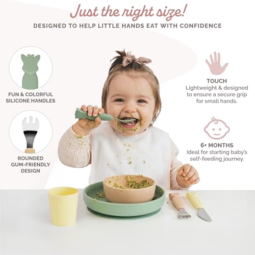 Sophie la girafe Baby Cutlery Set for Toddlers and Babies Easy Grip Fork Spoon and Rounded Safety Knife Stainless Steel First Feeding Utensils for Self Feeding