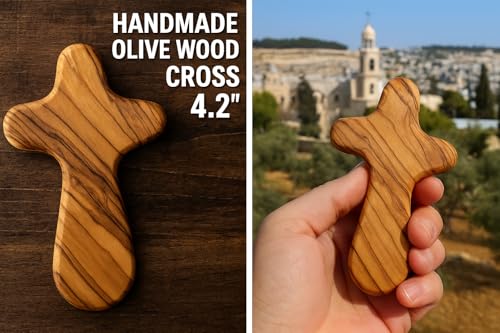 Zuluf Set of 6 Palm Size Olive Wood Crosses 4.2" (10.7cm) – Baptism Cross for Men, Christian Religious Keepsake, Small Catholic Wood Gift for Men and Women CRS133 6 Large with Velvet