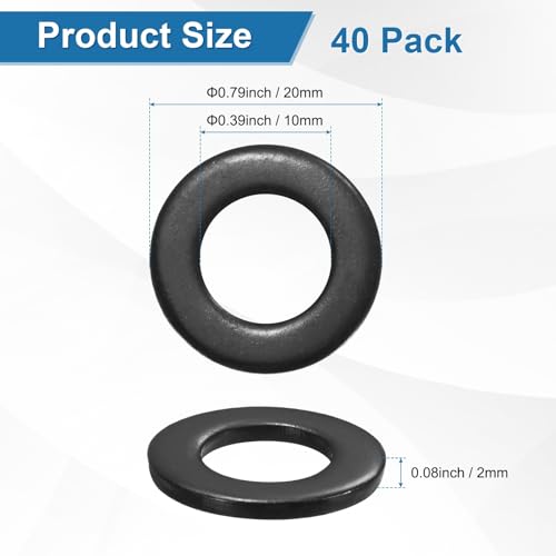 M METERXITY M10 flat washers, 20mm OD, black galvanized 304 stainless steel, 40-pack for bolts and screws