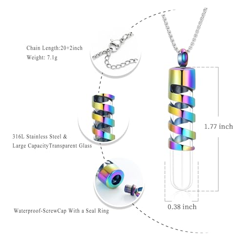 Oinsi Clear Glass Tube Cremation Urn Jewelry Ashes Holder Necklace Keepsake Memorial Pendant Including Box/Fill Kits Colorful