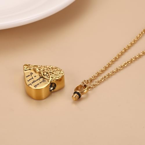 Tree Of Life Urn Necklace For Ashes For Women Girls Mom Stainless Steel Heart Cremation Jewelry For Ashes Of Loved Ones Keepsake Memorial Pendant Gold