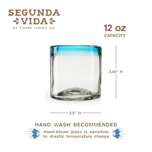 Segunda Vida Primavera Hand Blown Short Tumblers, Recycled Drinking Glasses with Blue Rim for Margarita, Tequila, Cocktails, Iced Drinks, Birthday Gifts for Women, Mexican Glassware, 12 oz, Set of 2 Cocktail Glasses