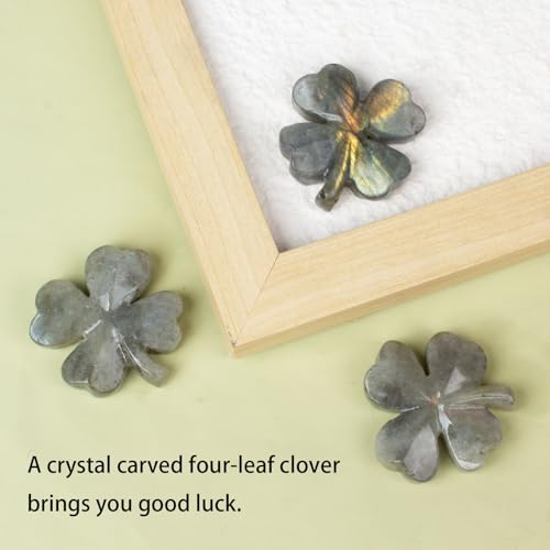 Labradorite 4 Leaf Clover Figurine for Luck Desk Decor Gift Light Grey