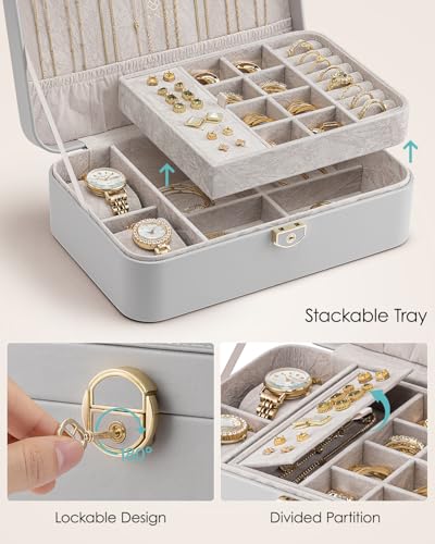 VLANDO 2 Layer Jewelry Box,Jewelry Organizer Storage Lockable Earring Organizer Removable Jewelry Tray with Watch Pillow for Neckable Ring Bracelets-Grey 03.Grey-Pillow